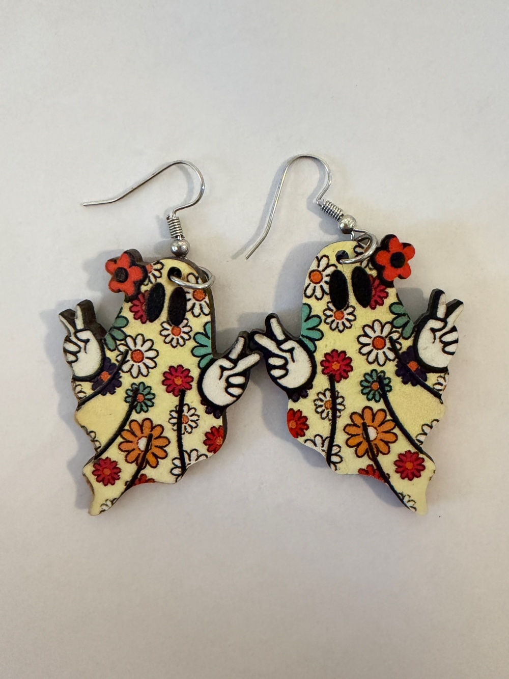 Floral Hippie Ghosts Giving Peace Sign Halloween Earrings